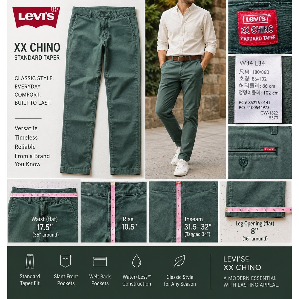 Levis XX Chino Standard Taper Pants Mens 34x34 Green Stretch PC9-85226-0141